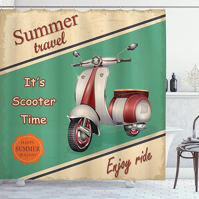 Ambesonne Vintage Shower Curtain, Scooter Motorbike Summer Travel Italian City Sight Hipster Enjoy Ride Illustration, Cloth Fabric Bathroom Decor Set with Hooks, 69" W x 84" L, Eggshell Teal Apricot