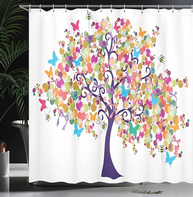 Ambesonne Tree of Life Shower Curtain, Abstract Ornamental Spring Branches of Flowers and Butterflies Happy Season Concept, Cloth Fabric Bathroom Decor Set with Hooks, 69" W x 75" L, Indigo Magenta