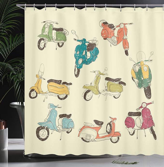 Ambesonne 1960s Shower Curtain, Scooters Romantic Aged History Motorcycle Trip Street Town Power Retro Illustration, Cloth Fabric Bathroom Decor Set with Hooks, 69" W x 70" L, Cream Orange