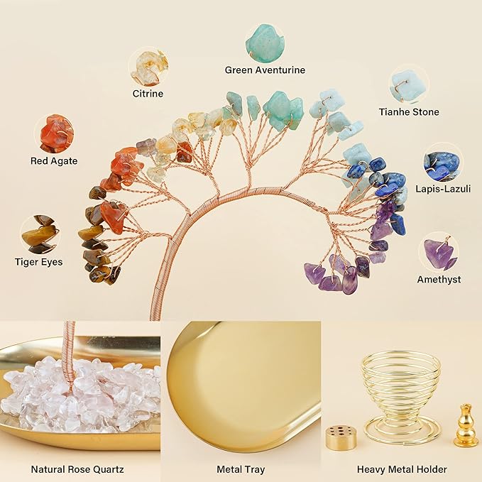 ZenBless 7 Chakra Healing Crystal Tree Incense Holder Palo Santo Sage Burner Brass Ash Catcher for Incense Sticks Coil Cones Yoga Meditation Zen Spiritual Room Home Decoration (Oval)