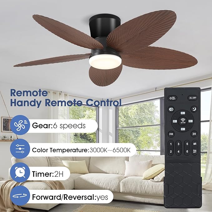 Surtime Palm Leaf Ceiling Fans with Lights-42 Tropical Ceiling Fan with Light and Remote/APP Control,Flush Mount Low Profile Ceiling Fans for Bedroom,Indoor/Outdoor Patio Use(Brown)