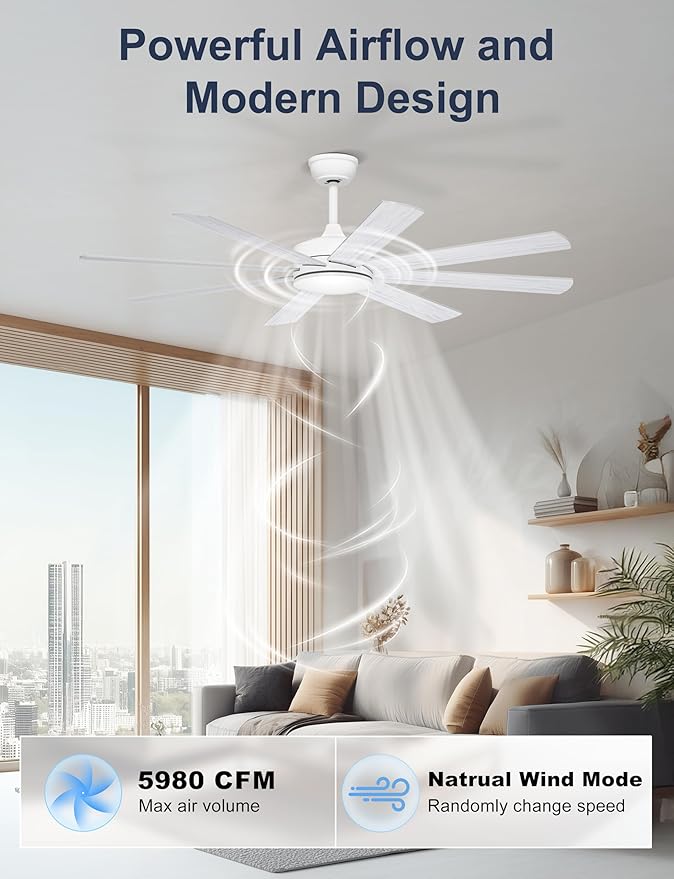 60'' White Ceiling Fan Without Lights for Indoor/Covered Outdoor | Remote/APP Control, 5980 CFM Airflow, Quiet DC Motor, Reversible, 8 Blades Modern Overhead Fan for Sunroom, Screen Porch