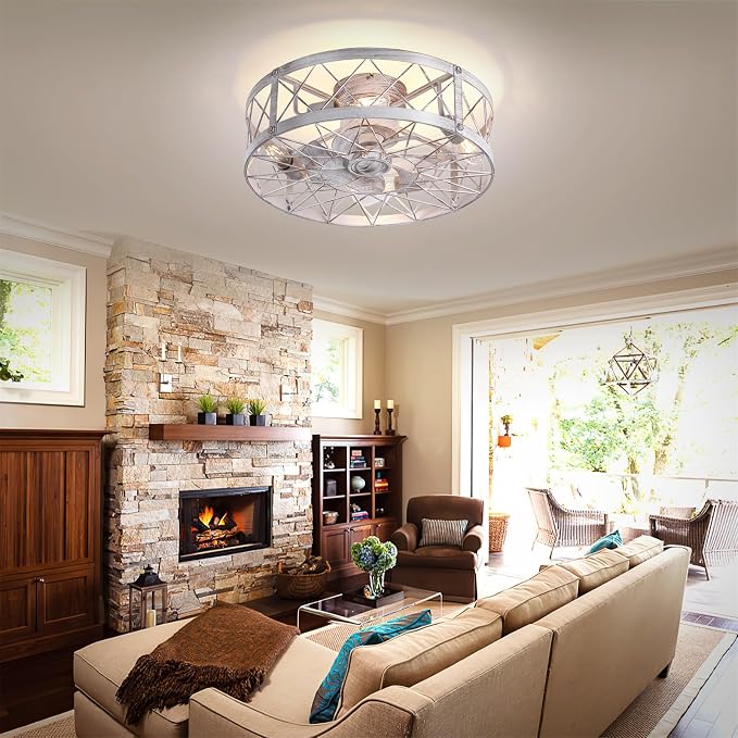 24" Flush Mount White Caged Ceiling Fans with Lights, Rustic Low Profile Ceiling Fan with Light and Remote, Quiet Reversible DC Motor Bladeless Enclosed Ceiling Fan for Bedroom Kitchen Farmhouse