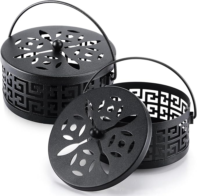 Lallisa 2 Pieces Black Mosquito Coil Holder Incense Coil Holder Round Retro Portable Metal Hanging Incense Burner with Handle for Home Camping Indoor Outdoor Patio