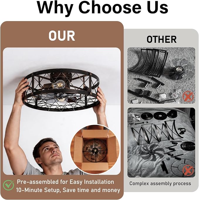 20" Farmhouse Flush Mount Caged Ceiling Fan with Lights and Remote, Rustic Low Profile Fandelier, Quiet 6 Speeds Reversible Enclosed Bladeless Small Ceiling Fans for Bedroom Living Room Kitchen