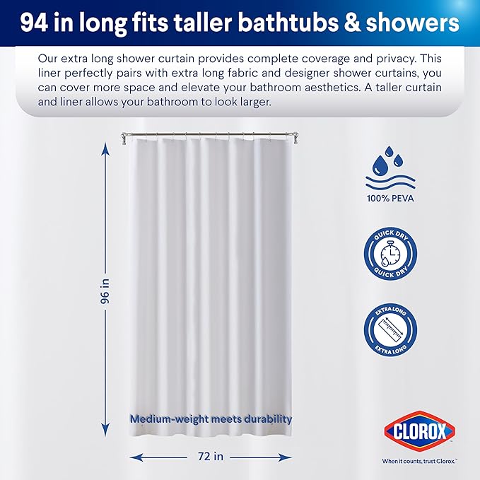 Clorox Shower Curtain Liner, Premium Medium-Weight Durable Waterproof 6g PEVA for Bathroom with Weighted Magnets, Extra Long 72" x 96", Frosty 1 Pack