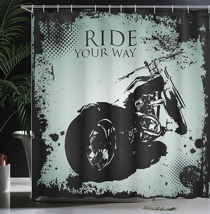Ambesonne Vintage Shower Curtain, Retro Motorcycle with Black Dots and Splatters Chopper Road Trip Artwork, Cloth Fabric Bathroom Decor Set with Hooks, 69" W x 70" L, Black and Pale Blue