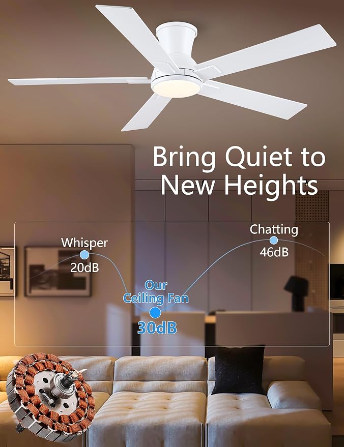 52 Inch White Flush Mount Ceiling Fan with Light, 3CCT Dimmable LED, 6-Speed Remote Control, Reversible Motor,Quiet Low Profile Energy-Efficient for Bedroom & Living Room,ETL Listed