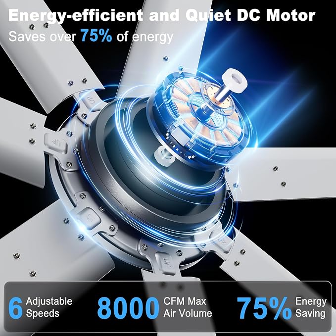 Ohniyou 72'' Industrial Ceiling Fan No Light for Patio, Garage, Silver | 8000 CFM Airflow, 35dB DC Motor, 7 Aluminum Blades, Remote/APP Control, Covered Outdoor Metal Fan