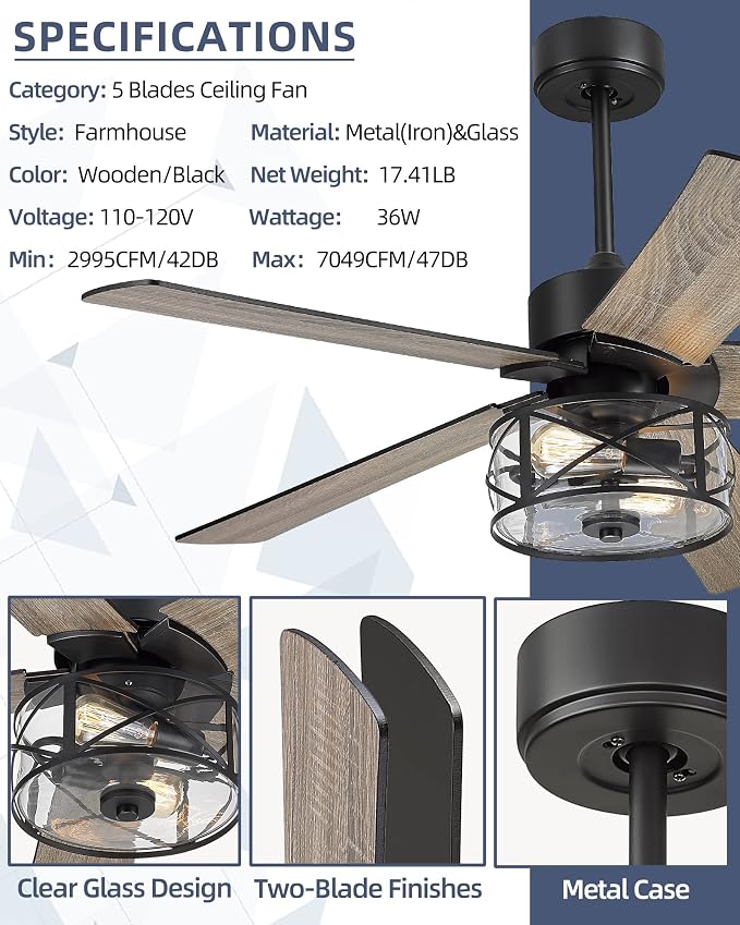 YOUKAIN 48 Inch Farmhouse Ceiling Fan with Light and Remote,Industrial Black Ceiling Fan with Glass Shade,5 Reversible Matte Black & Wood Blades,Quiet Indoor Ceiling Fan for Bedroom, 52-YJ632