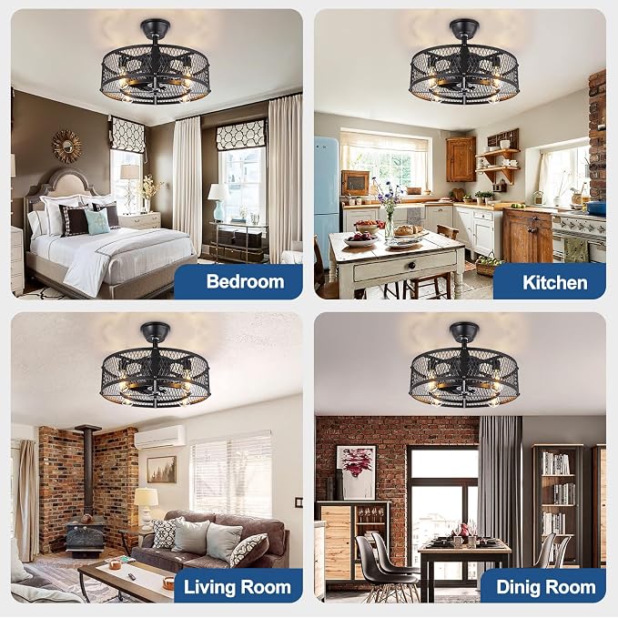 DLLT Caged Ceiling Fan with Light: 20" Farmhouse Fandelier with Lights and Remote Control - Black Rustic Semi Flush Mount Bladeless Ceiling Fans Enclosed Fan for Bedroon Kitchen Living Dining Room