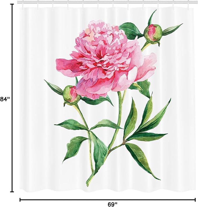 Ambesonne Watercolor Flower Shower Curtain, Vintage Peony Painting Botanical Spring Garden Flower Nature Theme, Cloth Fabric Bathroom Decor Set with Hooks, 69" W x 84" L, Pink White Green