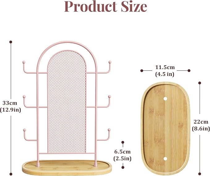 bussdis Jewelry Holder Organizer Earring Display - Earring Storage Tree Stands Towers With 6 Hooks 300 Studs Wood Tray Pink Metal Rack