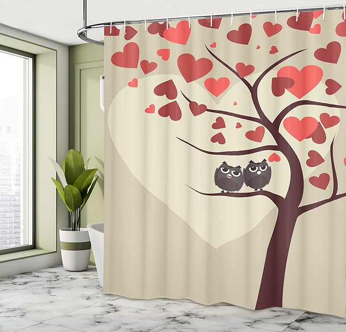 Ambesonne Owls Shower Curtain, Owl Couples Sitting on Branch Valentine Tree Valentines Day Anniversary Artwork, Cloth Fabric Bathroom Decor Set with Hooks, 69" W x 70" L, Red Brown Ivory
