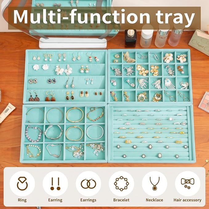 Frebeauty Jewelry Trays for Drawer,Set of 4 Jewelry Organizer and Storage | Velvet Material,Stackable,Adjustable Dividers,Drawer Inserts for Rings Studs Bracelet,Earring Organizer for Women Girls