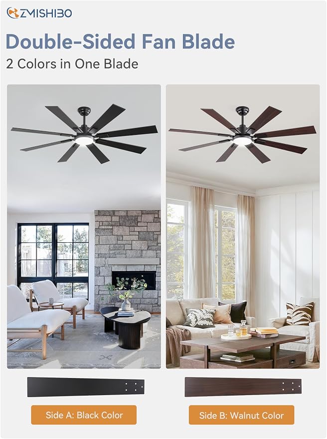 ZMISHIBO 62 inch Large Ceiling Fans with Lights and Remote, Indoor/Outdoor Black Modern Ceiling Fan for Kitchen Living Room Patio, 6 Speed Reversible Quiet DC Motor, 3 CCT, Dual Finish 8 Blades