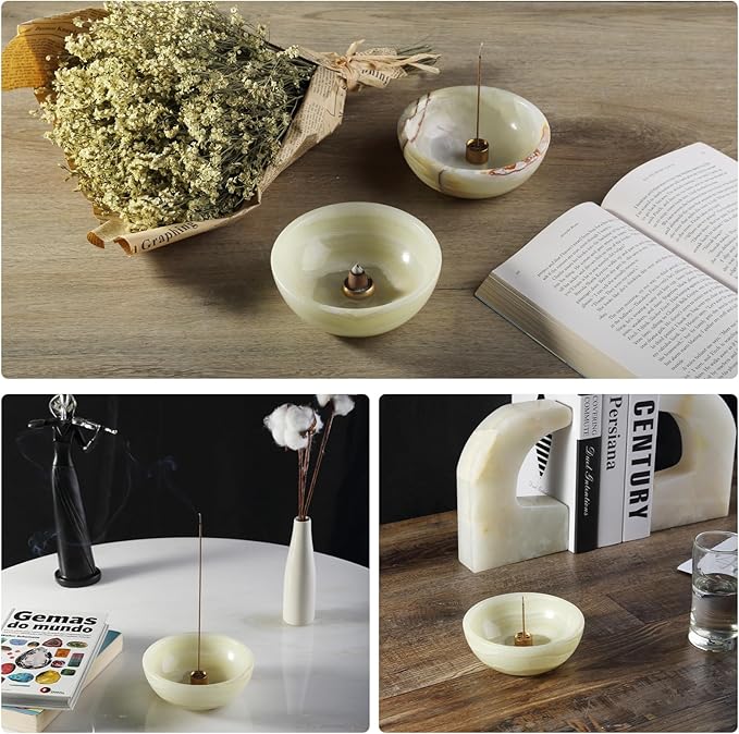 Koville Turkish Natural Marble Incense Holder, 5inch Incense Holders for Sticks, Sturdy Incense Burner Ideal for Meditation and Relaxing, Easy to Clean(Green Onyx)