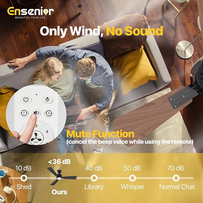 Ensenior 42 Inch Ceiling Fans with Lights and Remote, Small Bedroom Ceiling Fan with 3 Reversible Blades (Black/Wood), Quiet DC Motor, 6 Speeds, 3 Color, Memory Function, Modern Fan for Home, Black