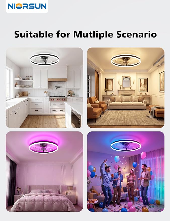 NIORSUN RGB Ceiling Fans with Lights and Remote, Modern Smart LED Ceiling Fans Light, 6 Speeds & 3000K-6500K Dimmable, Quiet Bladeless Fandelier Ceiling Fan with Light for Bedroom(24Inch, Black)