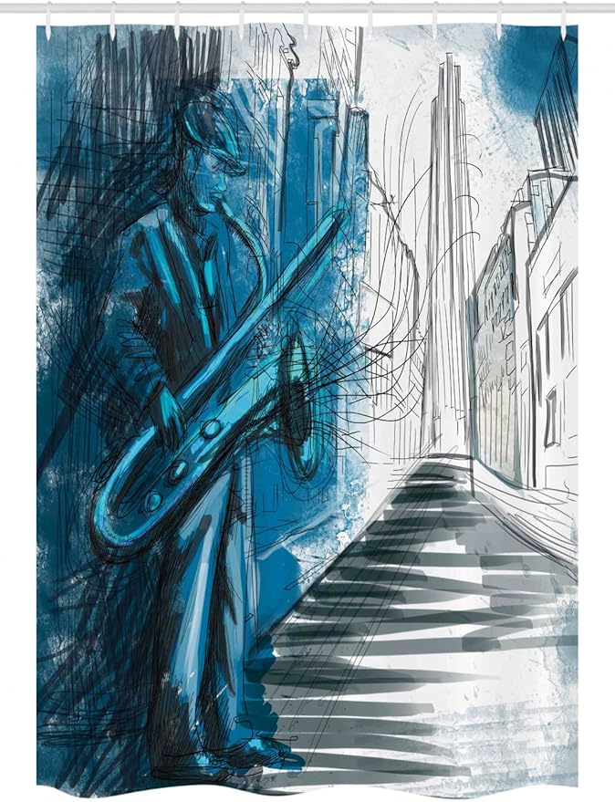 Ambesonne Music Stall Shower Curtain, Saxophone Man Playing Solo in The Street at Night Vibes Contemporary Graphic Design of Artwork, Fabric Bathroom Decor Set with Hooks, 54" W x 78" L, Blue White