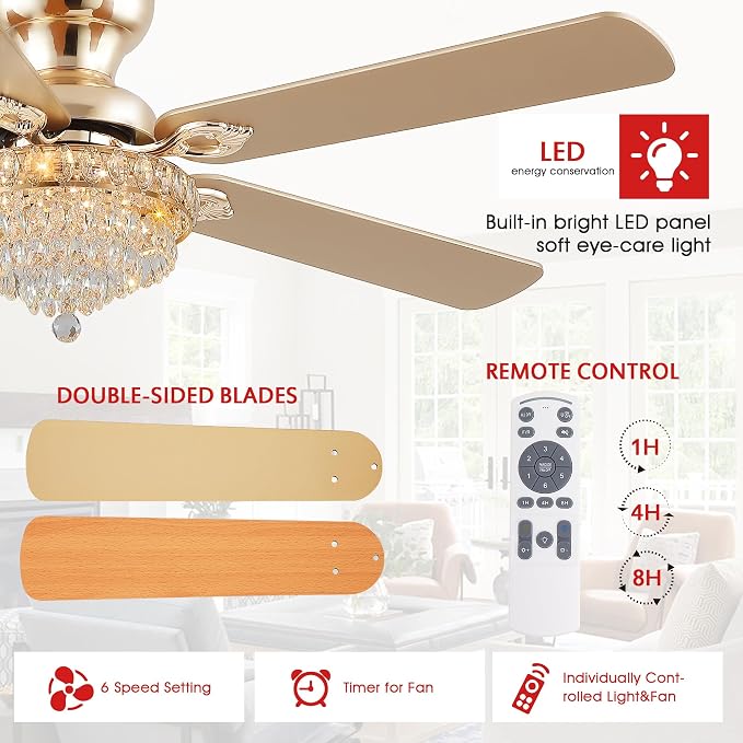 GJeg Crystal Ceiling Fan Fandelier with Lights-Ceiling Fans with Remote Control,Modern Ceiling Fan with Noiseless DC Reversible Motor,Dining Room,Living Room(52" Gold)
