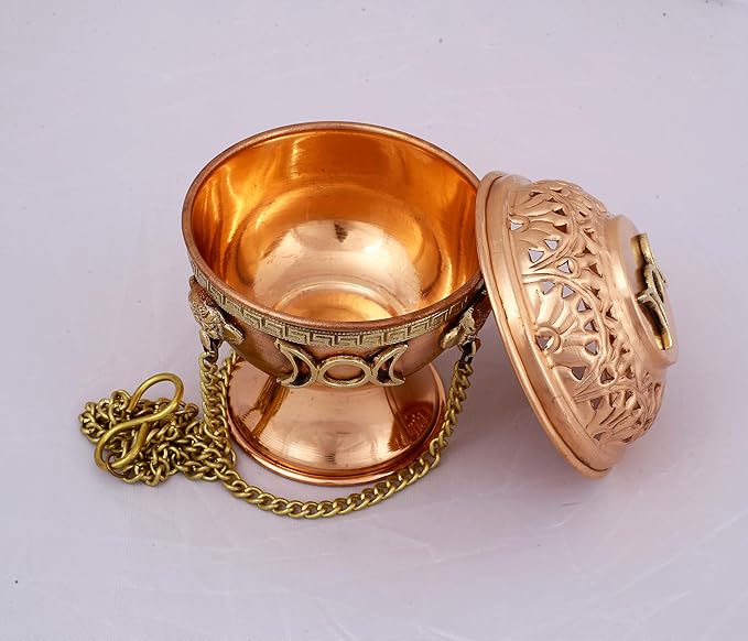 Indian Consigners Copper Altar Incense Charcoal Burner Holder with Chain (Triple Moon)