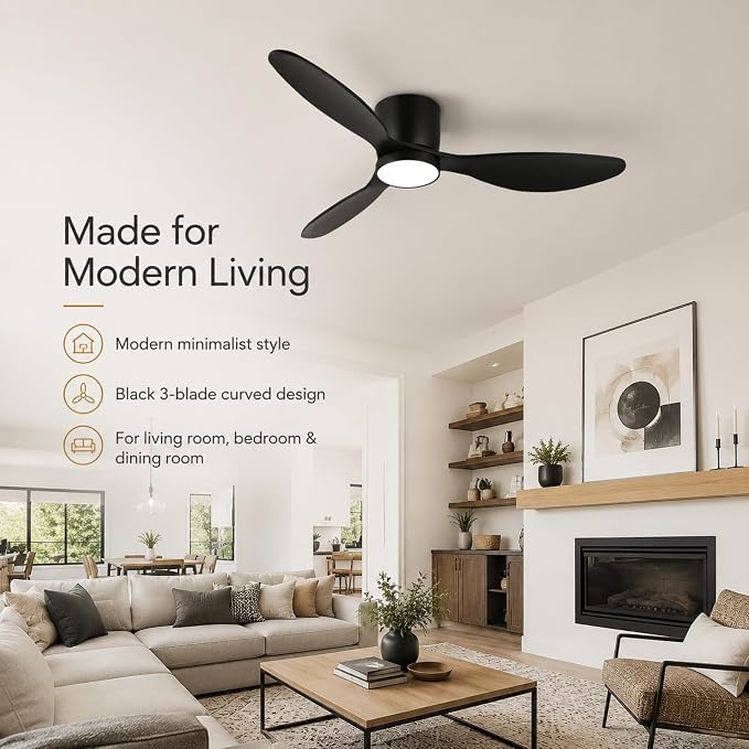 reiga 52" Low Profile Black Wood Ceiling Fan with Light, Quiet DC Fan | 3 solid wood blade, dimmable 3CCT LED light; remote timer control, flush mount for bedroom, dining & living room