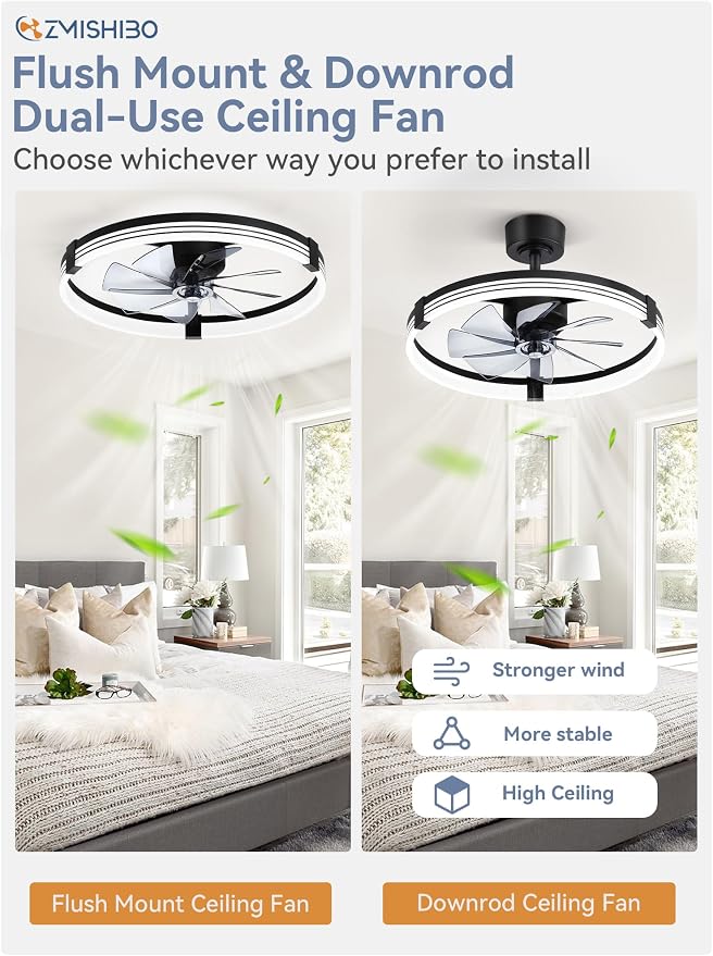 ZMISHIBO 23" Ceiling Fans with Lights and Remote, Low Profile Ceiling Fan with Light, 3 CCT, Stepless Dimmable, 6 Speeds, Noiseless, App & Remote Control, Black Fan Light for Bedroom, Living Room