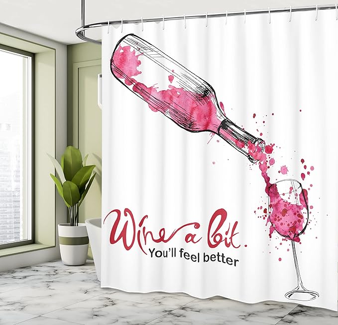 Ambesonne Wine Shower Curtain, Wine a Bit You Feel Better Inspirational Words Bottle Pouring Sketch Art, Cloth Fabric Bathroom Decor Set with Hooks, 69" W x 75" L, Pink Dark Coral Black