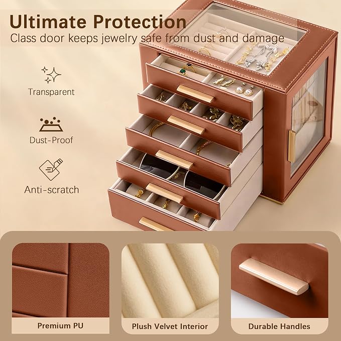 Homeanda Jewelry Box for Women with Glass Lid, 5 Drawers Jewelry Organizer and Storage for Necklaces, Rings, Earrings, Bracelets, Gift for Girls and Teens,PU Leather (Brown)