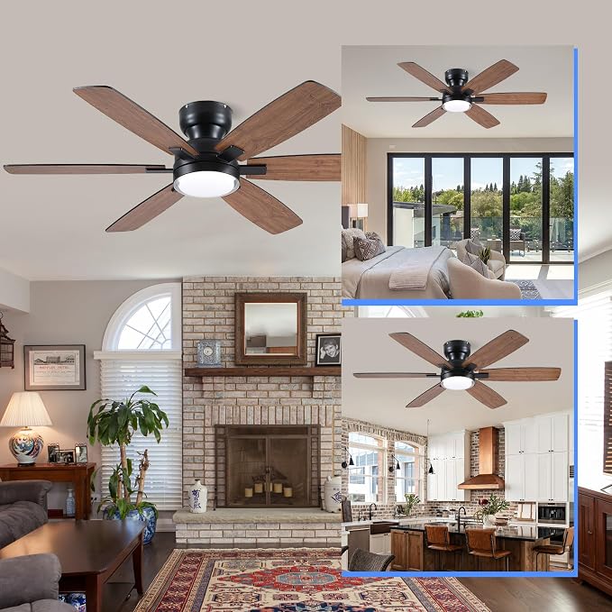 Kviflon 52" Rustic Ceiling Fans with Lights Remote/APP Control, Flush Mount Ceiling Fan with Double Lampshade, 6 Reversible Dual Fan Blades, 3 CCT Dimmable LED Lights for Living Room Farmhouse, Brown