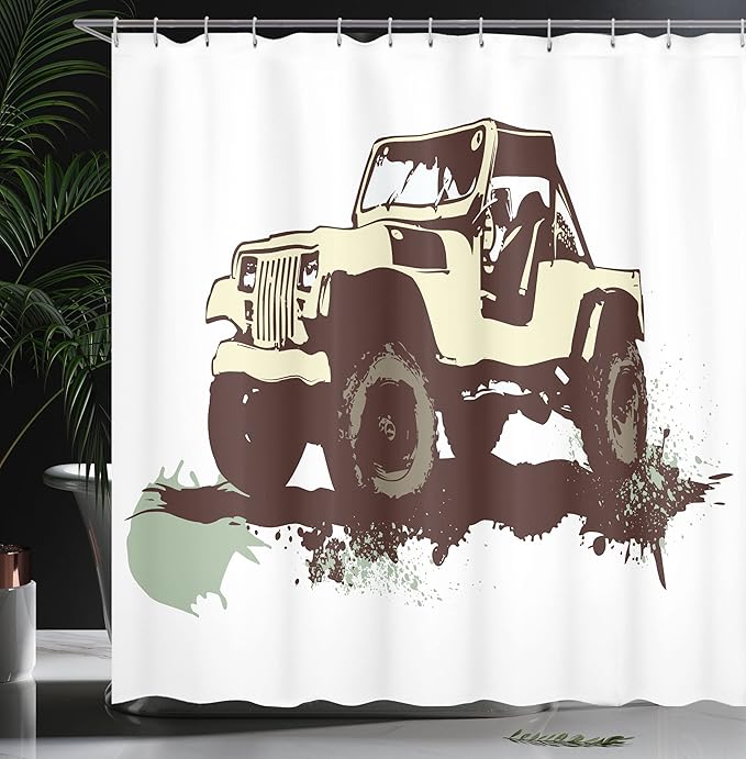 Ambesonne Grunge Shower Curtain, Retro Pop Art Style Vintage Car on The Road Adventure Graphic Design Print, Cloth Fabric Bathroom Decor Set with Hooks, 69" W x 70" L, Brown Cream and Mint