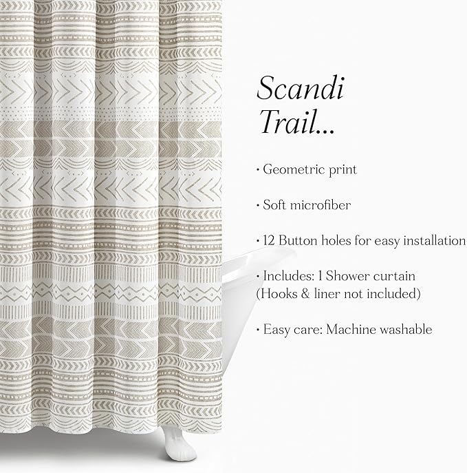 Lush Decor Hygge Geo Shower Curtain, 72" W x 72" L, Taupe/White - Curtain For Bathroom - Striped Bathroom Decor - Netural Color Home Accessories - White Home Accessories - Geometric Scandinavian Print