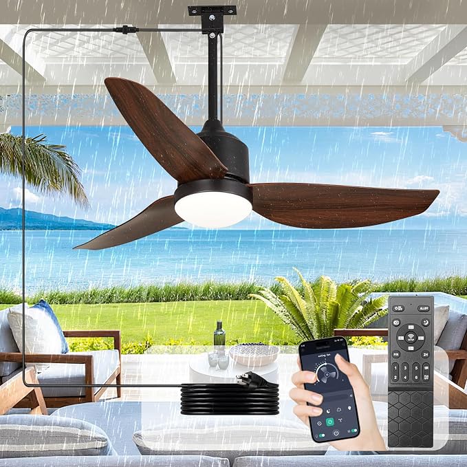 Depuley Outdoor Ceiling Fan with Light: 42 Inch Waterproof Gazebo Fans with Lights Outdoor Hanging - Plug in Remote App Control for Patio Indoor Farmhouse Porch - 6 Speed Reversible DC Motor Walnut