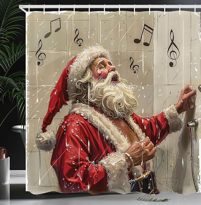 Ambesonne Christmas Shower Curtain, Vintage Illustration of Santa Claus Singing in The Shower Xmas Theme, Cloth Fabric Bathroom Decor Set with Hooks, 69" W x 84" L, Camel Beige Hot Pink