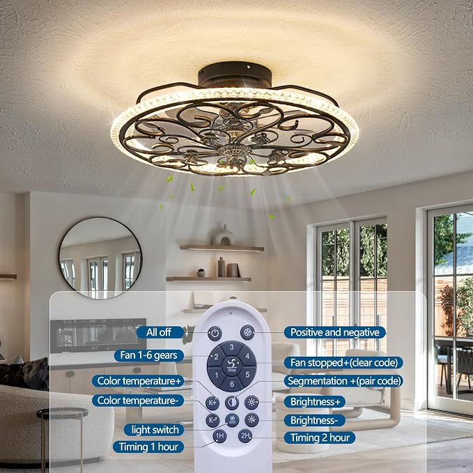 Dalouguan Black Flower Caged Ceiling Fan with Light, Rustic Industrial Ceiling Fan with Lights and Remote, LED Low Profile Ceiling Fan with Light for Bedroom Kitchen Living Room