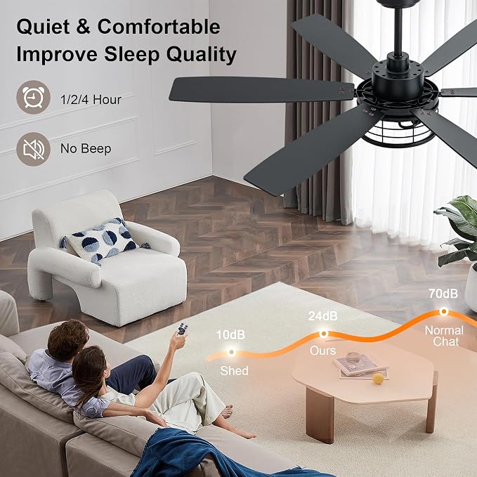 60" Farmhouse Ceiling Fan with Lights Remote, Rustic Ceiling Fan | Industrial Caged Fandelier Black Metal Chandelier Light, Reversible Quiet DC Motor 6 Speeds for Living Room Bedroom Indoor