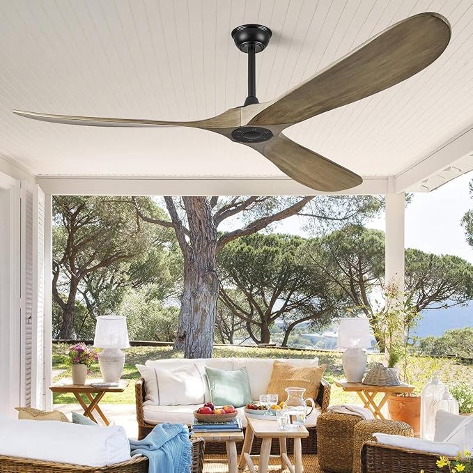 ABZ 60" Ceiling Fan without Light - 60 inch Propeller Solid Wood Blades Bronze Gray Ceiling Fan no Light with Remote Control for Outdoor Indoor Patio Porch Living Room