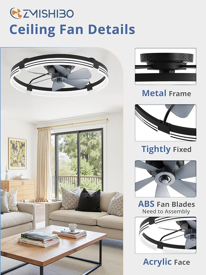 ZMISHIBO 24 Inch Low Profile Ceiling Fans with Lights and Remote, 3000K-6000K Dimmable Fandelier LED Fan Light, Flush Mount Ceiling Fan with Light, 6 Wind Speeds Ceiling Fans for Bedroom- Black
