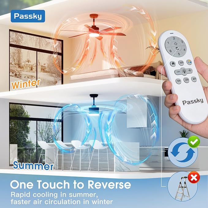 Passky Ceiling Fans with Lights, 52 inch Ceiling Fan with Light and Remote Control, 3CCT, Dimmable, Reversible, Noiseless, Black Contemporary Ceiling Fan for Bedroom, Living Room
