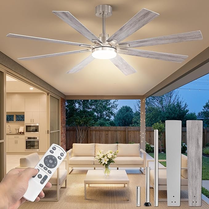 Fanbulous 65 Inch Ceiling Fan with Light and Remote, 6 Speeds Reversible DC Motor Ceiling Fans for Living Room Patio Garage, 3CCT Dimmable LED, 8 Wood Blades, Downrod Mount, Sloped Ceiling Compatible