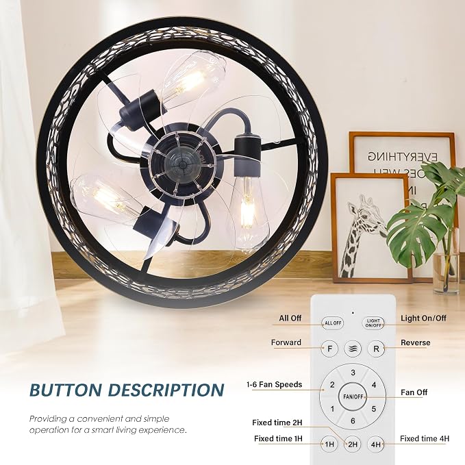 COCOSTAR Farmhouse Chandelier Ceiling Fans with Light:Caged Black Fandelier | Semi Flush Mount,Remote/APP,Sloped Ceiling,15" Rustic Fan with Small Light Fixtures for Living Dining Kitchen Bedroom Foyer