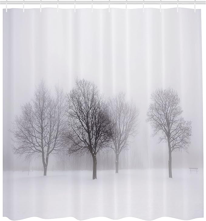Ambesonne Winter Shower Curtain, Foggy Misty Cold Scenery Leafless Tree Branch in Weather Print, Cloth Fabric Bathroom Decor Set with Hooks, 69" W x 84" L, Grey and White