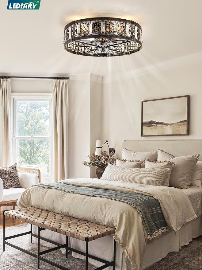 LEDIARY 20" Caged Ceiling Fans with Lights,Flush Mount Vintage Victorian Rustic Crystal Fandelier,Low Profile Farmhouse Enclosed Ceiling Fan with Light and Remote for Bedroom,Kitchen,Indoor,Black Gold