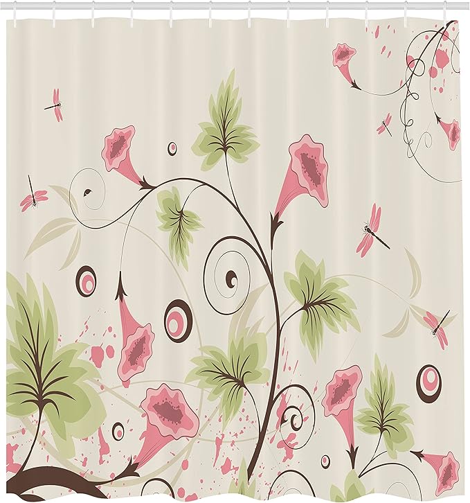 Ambesonne Dragonfly Shower Curtain, Cup Shaped Romantic Swirling Pastel Vibrant Flowers and Mature Dragonflies Print, Cloth Fabric Bathroom Decor Set with Hooks, 69" W x 70" L, Beige Pink