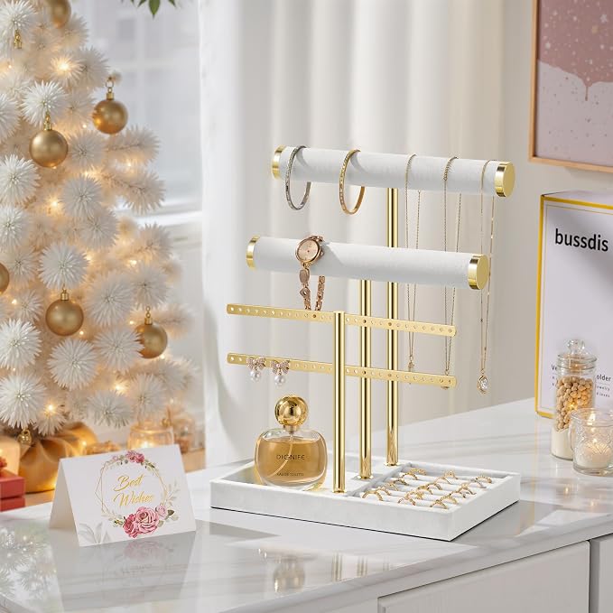 Jewelry Organizer Stand for Necklaces, Bracelets, Earrings, Rings, White | 3 Tier Velvet Bracelet Holder Display | Jewelry Organizers and Storage | Jewelry Tree | Jewelry Towers