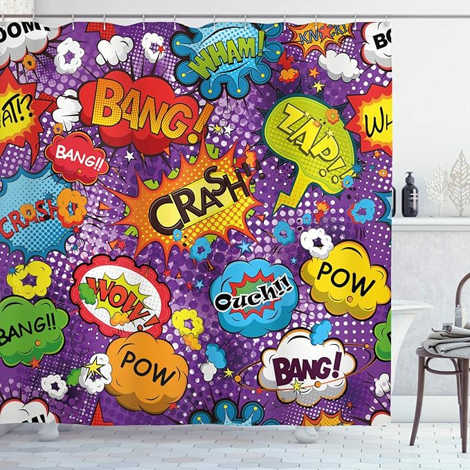 Ambesonne Retro Shower Curtain, Comic Book Style Speech Bubbles Effects Humorous Fun Pop Art Contemporary Design, Cloth Fabric Bathroom Decor Set with Hooks, 69" W x 75" L, Purple Orange