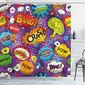 Ambesonne Retro Shower Curtain, Comic Book Style Speech Bubbles Effects Humorous Fun Pop Art Contemporary Design, Cloth Fabric Bathroom Decor Set with Hooks, 69" W x 75" L, Purple Orange