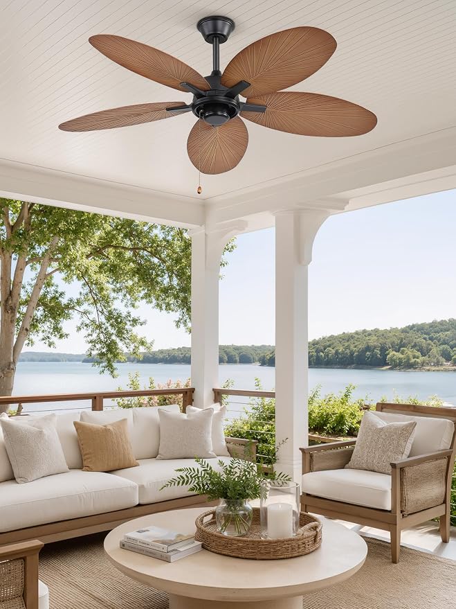 Fanbulous 52 Inch Ceiling Fan No Light, Remote & Pull Chain Tropical Fan With 6 Speeds, 3 Timers, DC Quiet Motor, 5 Palm Blade for Bedroom Living Room Covered Outdoor Patio Porch, Damp Rated, Walnut