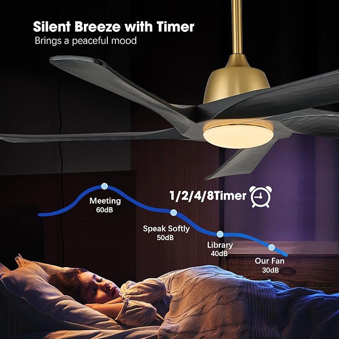 52 Inch DC Ceiling Fan with Light, 5 Solid Wood Blades, Remote and APP Control, 3-color Dimmable, 6-speed Reversible, Noiseless Ceiling Fan for Bedroom, Living Room, Black Gold